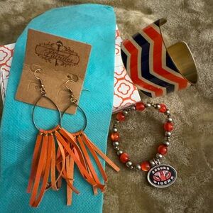 Panache Orange Fringe Earrings and Chevron Cuff Set